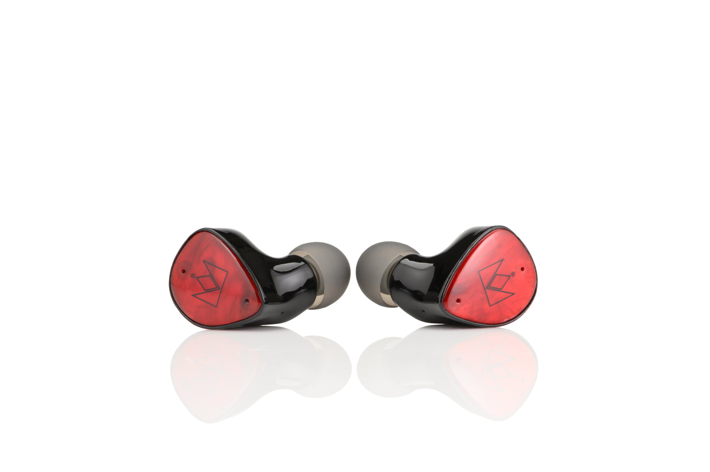 Black and red earbuds on a white background