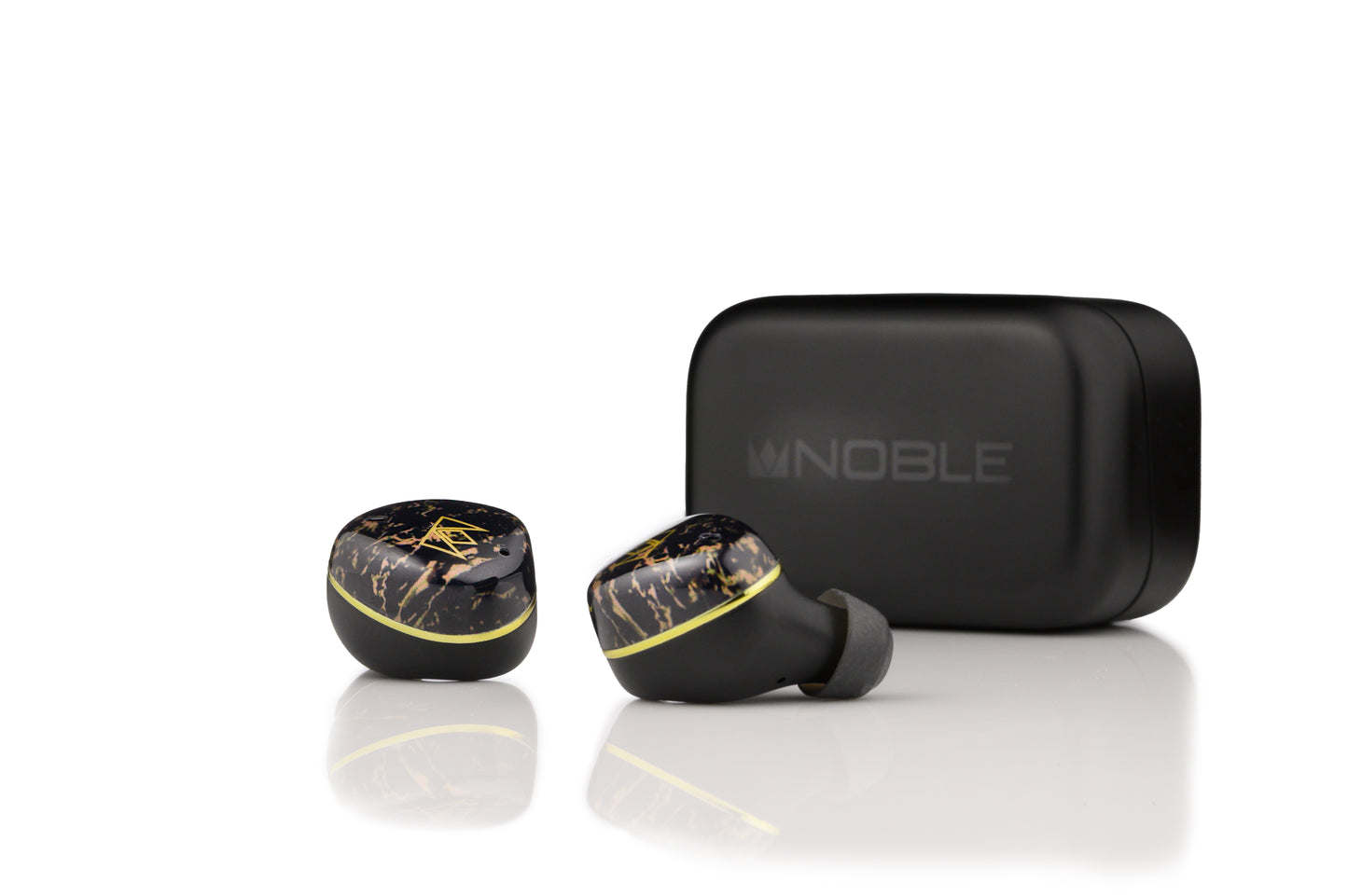 Black wireless earbuds with marble design and charging case on a white background, featuring the 'Noble' brand.