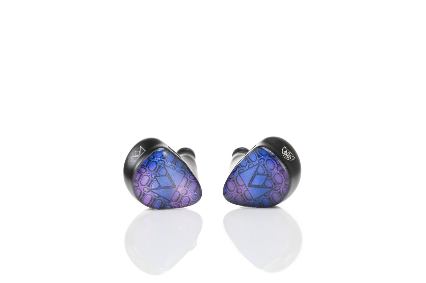 In-ear monitor with a blue and purple acrylic faceplate featuring an overlapping ring design with a centered Noble logo in the middle.
