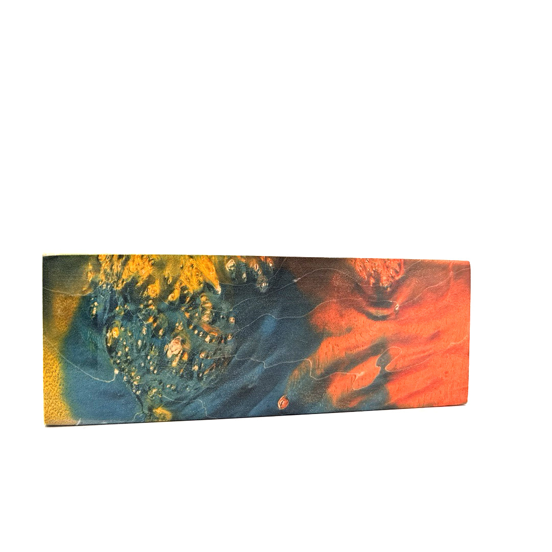 Rectangular piece of art with abstract design in blue, yellow, and orange on a white background