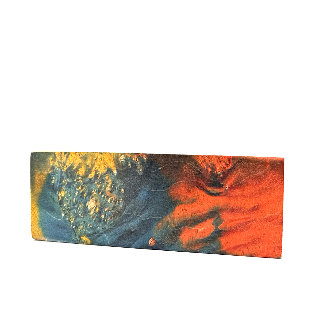 Abstract art piece with orange, blue, and yellow colors on a white background