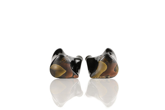 A pair of Noble Audio Agis II in-ear monitors with a hybrid metal mesh faceplate, displayed against a white background.
