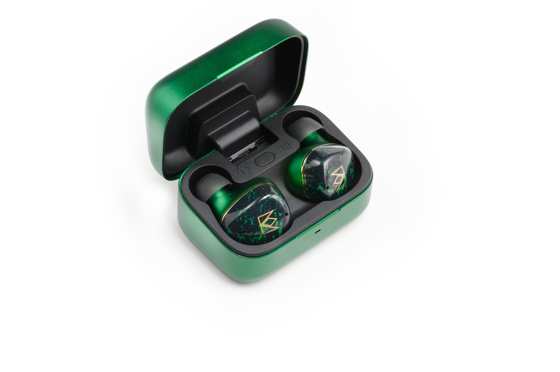 True wireless earbuds with a green and black design, displayed in an open charging case.