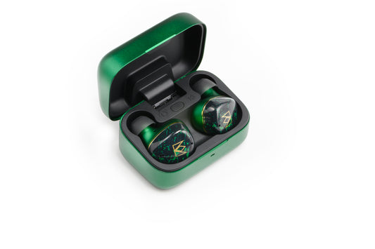 True wireless earbuds with a green and black design, displayed in an open charging case.