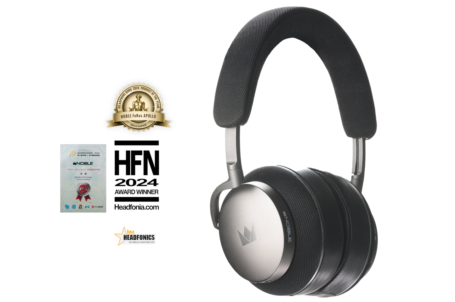 Over-ear headphones with a black and silver color scheme, featuring a cushioned headband and ear cushions. Includes a certification badge for 'HFN 2024 Award Nominee' and 'Tortuga 2024 Award Nominee'.