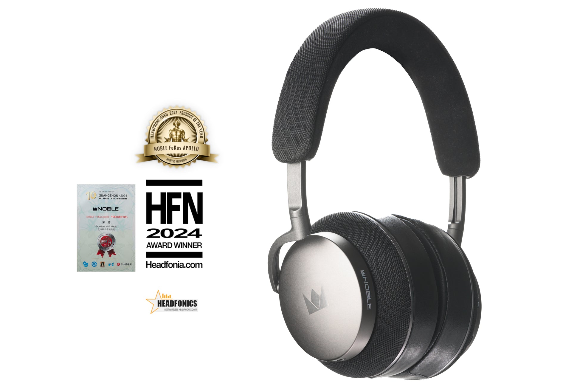 Over-ear headphones with a black and silver color scheme, featuring a cushioned headband and ear cushions. Includes a certification badge for 'HFN 2024 Award Nominee' and 'Tortuga 2024 Award Nominee'.