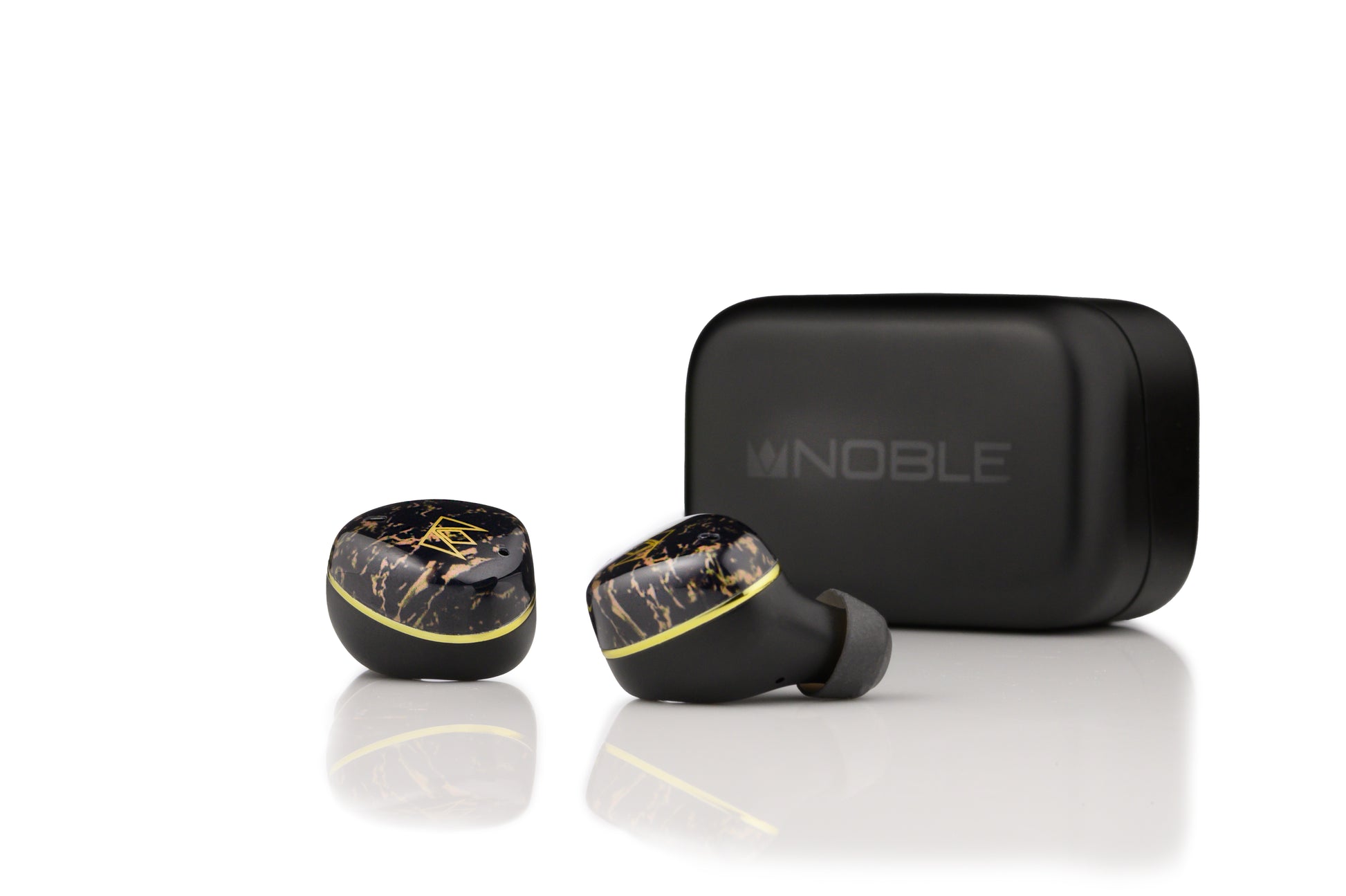 Black wireless earbuds with marble design and charging case on a white background, featuring the 'Noble' brand.