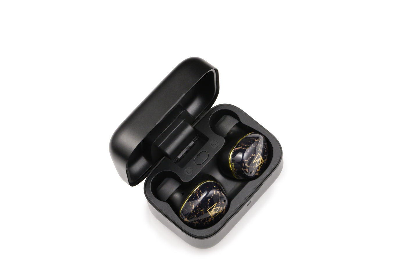 Black wireless earbuds in a charging case on a white background