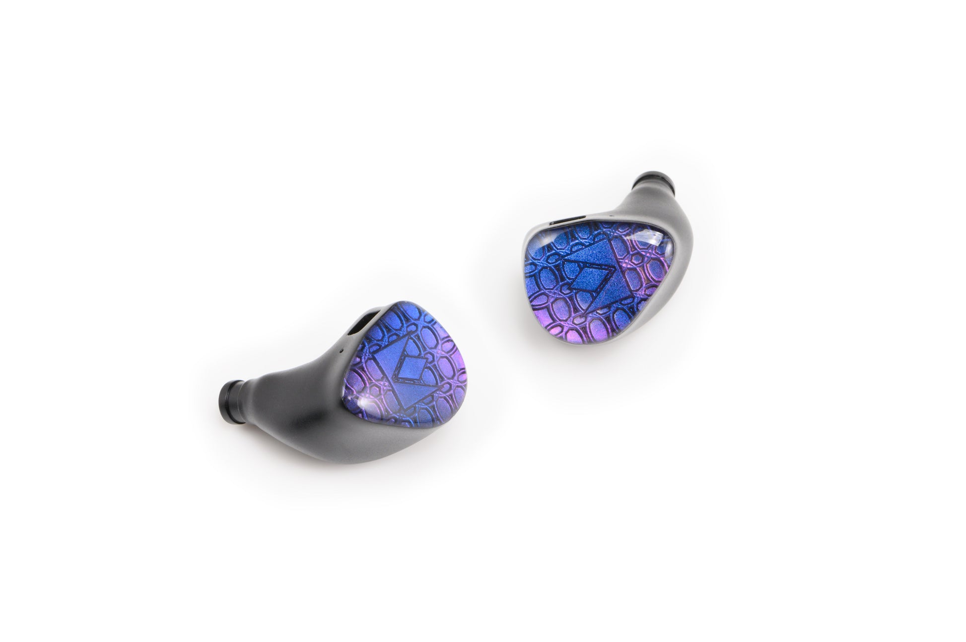 In-ear monitor with a blue and purple acrylic faceplate featuring an overlapping ring design with a centered Noble logo in the middle.